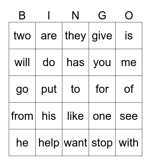 K Sight Words Bingo Card