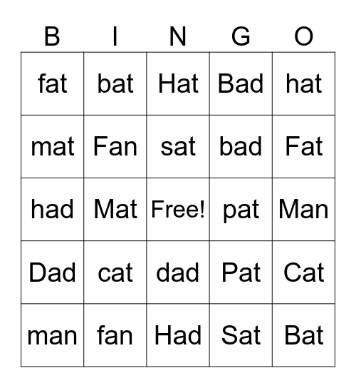 short  'a'  Bingo Card