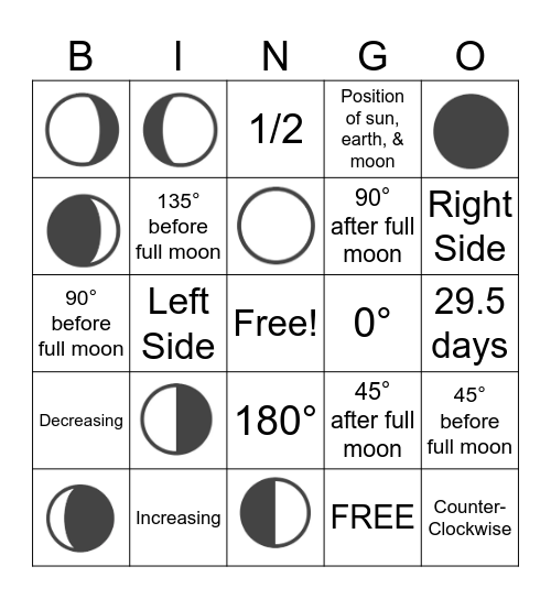 Moon Phases Bingo Side 1 Bingo Card