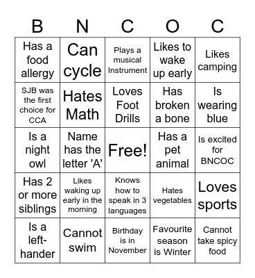 Platoon 5 Bingo Card
