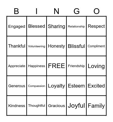 Gratitude Bingo Card