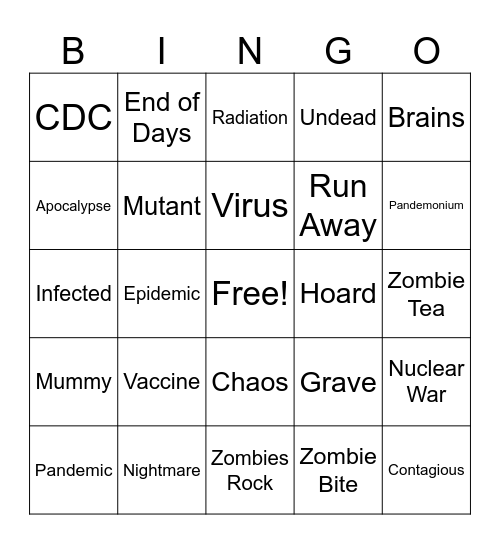 Zombie Apocalyose Bingo Card