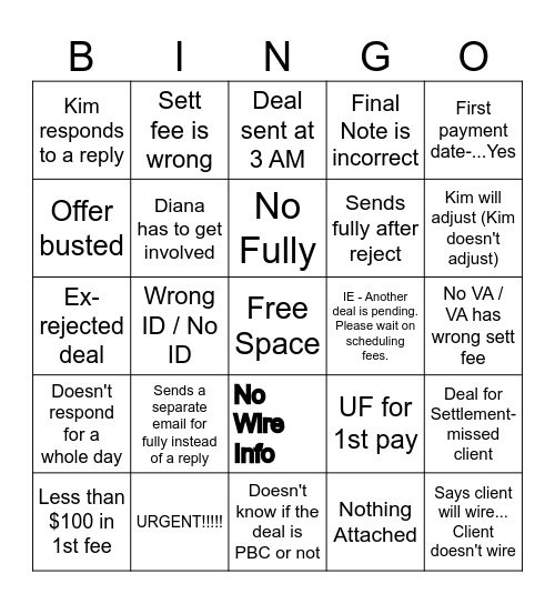 Kim Deal Bingo Card