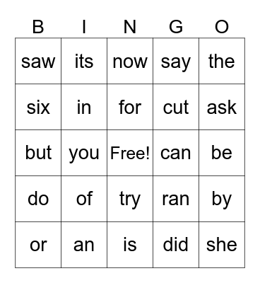 Sight Words 2 Bingo Card