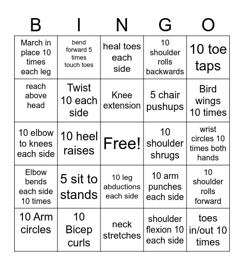 Seated Exercises Bingo Card
