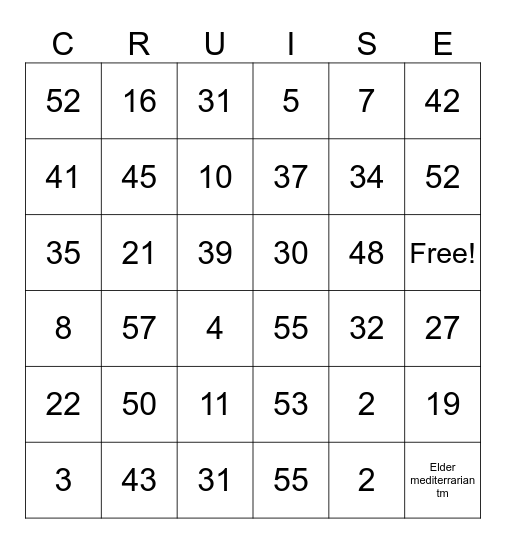 Cruise ship bingo Card