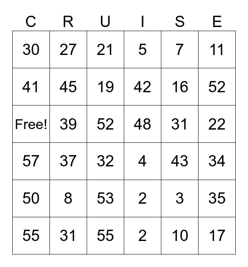 Cruise ship bingo Card