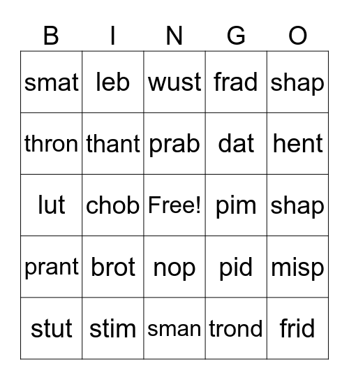 Short Vowel/Blends Nonsense Word Bingo Card