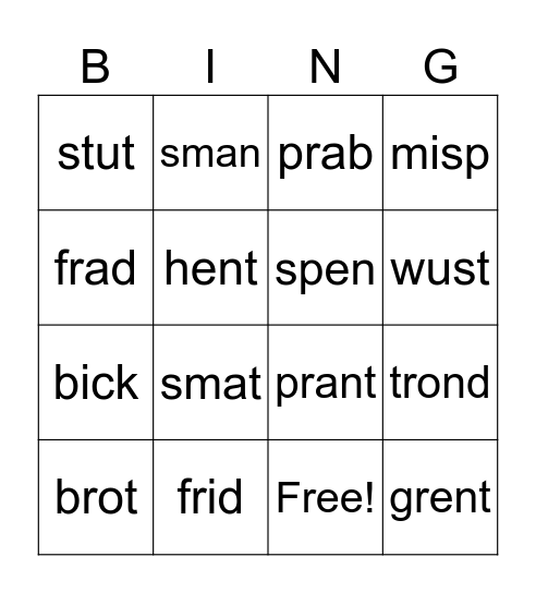 Short Vowel/Blends Nonsense Word Bingo Card