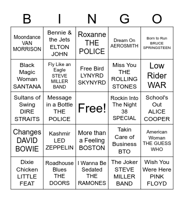 70's ROCK Bingo Card