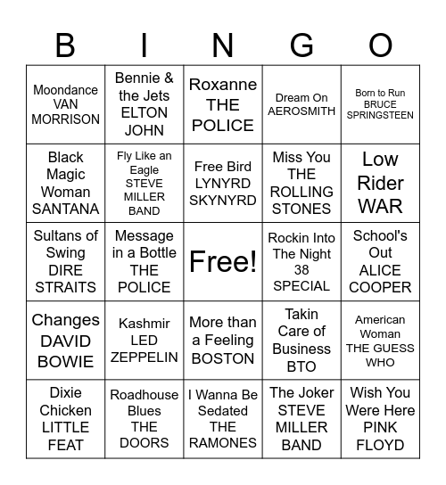 70's ROCK Bingo Card