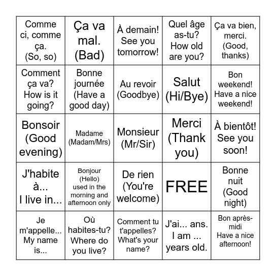 French Greetings, Introductions, and Goodbyes Bingo Card