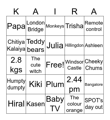 Kaira's 1st Birthday Bingo Card
