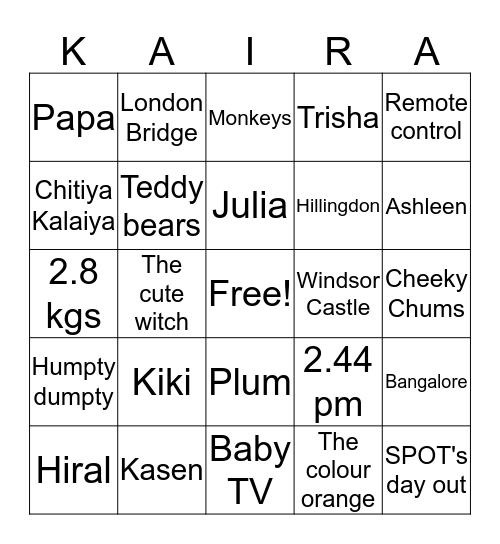 Kaira's 1st Birthday Bingo Card