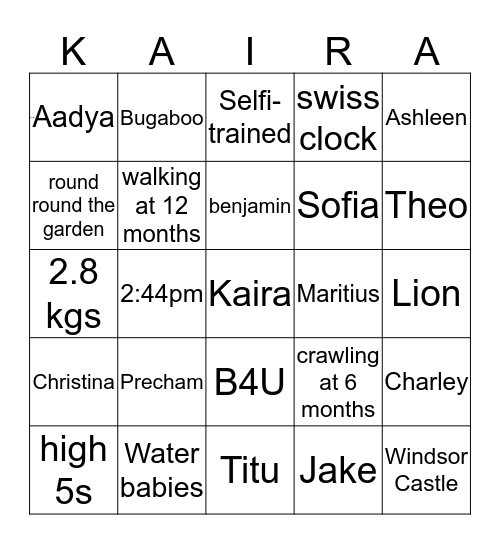 Kaira's 1st Birthday Bingo Card