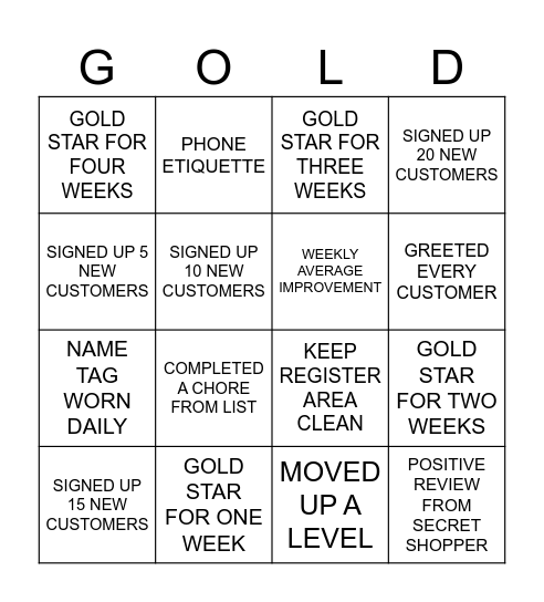GOLD STAR Bingo Card