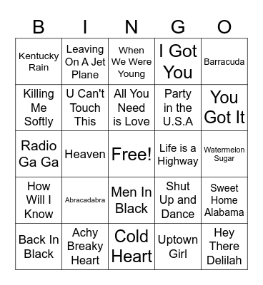 Song $$$ Bingo Card