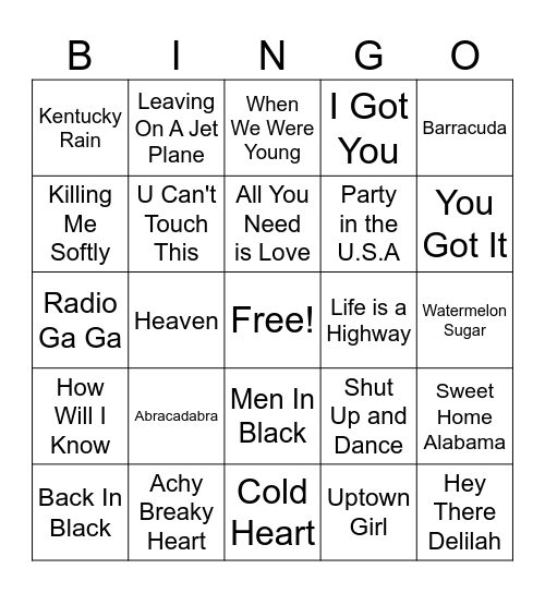 Song $$$ Bingo Card