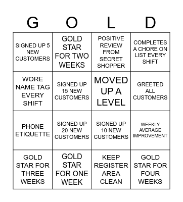 GOLD STAR Bingo Card