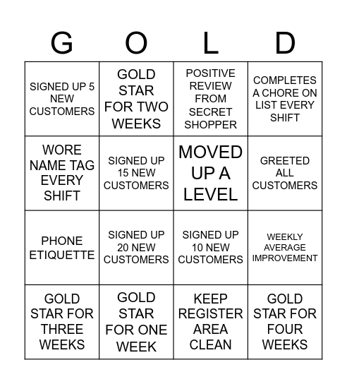GOLD STAR Bingo Card