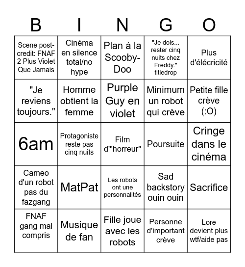 FNAF Movie Bingo Card