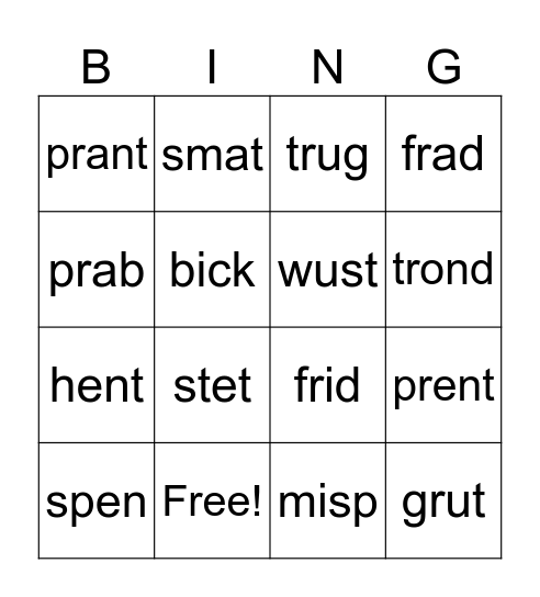 Short Vowel/Blends Nonsense Words Bingo Card