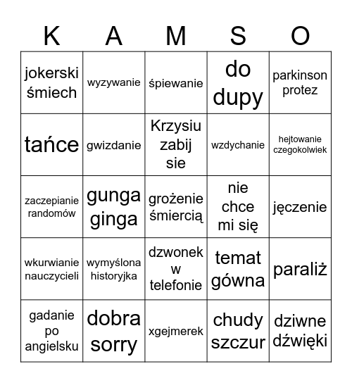 kamson Bingo Card