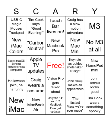 Apple Scary Fast October 2023 Bingo Card