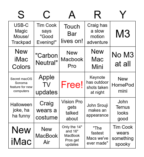 Apple Scary Fast October 2023 Bingo Card