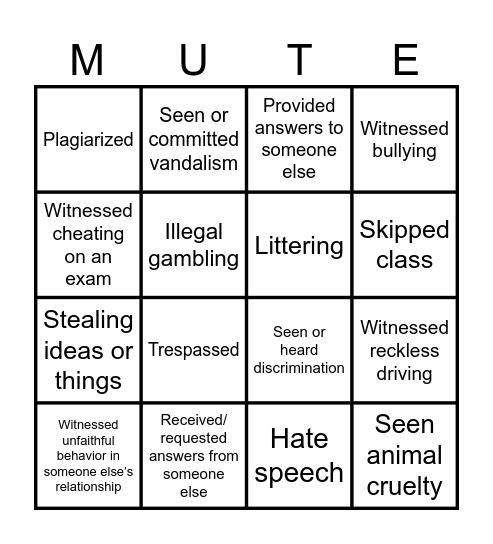 Moral Muteness Bingo Card