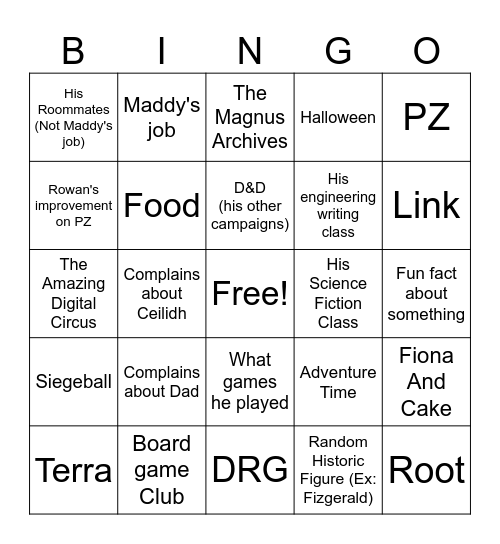 Tristan Bingo Card