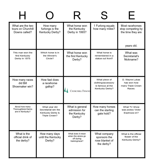 Churchill Downs Bingo Card