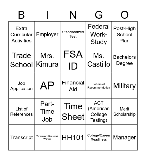 LHS College & Career BINGO Card Bingo Card