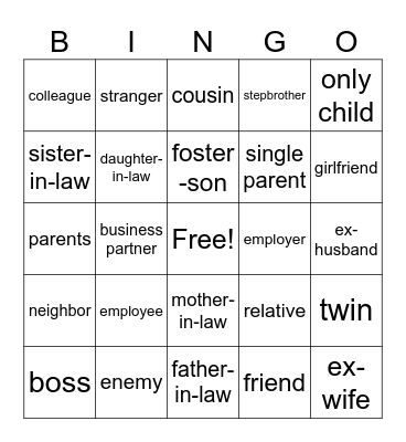 RELATIVES Bingo Card