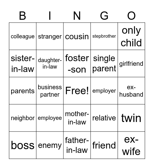 RELATIVES Bingo Card