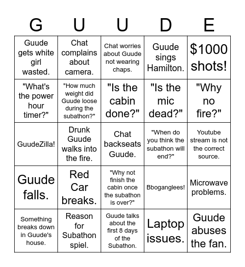 Guude's 2023 Cabin-a-thon BINGO. Bingo Card