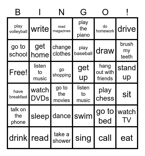 Verb Bingo! Bingo Card