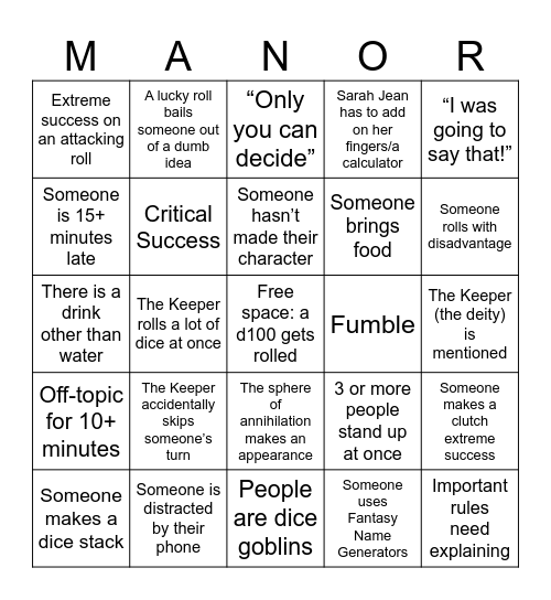 Call of Cthulu Bingo Card