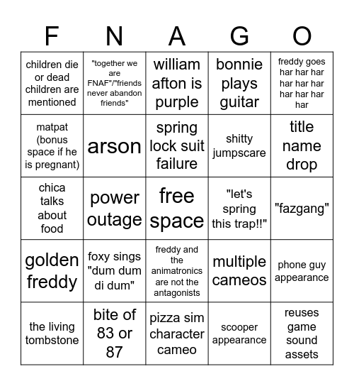 FNAF BINGOOO Bingo Card