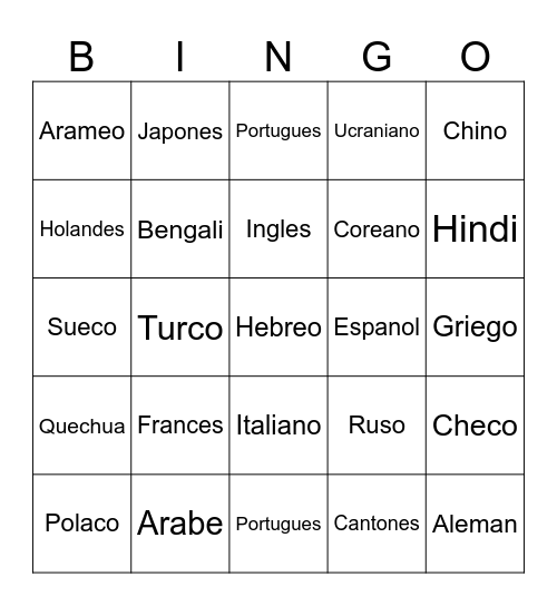 Idiomas del Mundo Bingo Card
