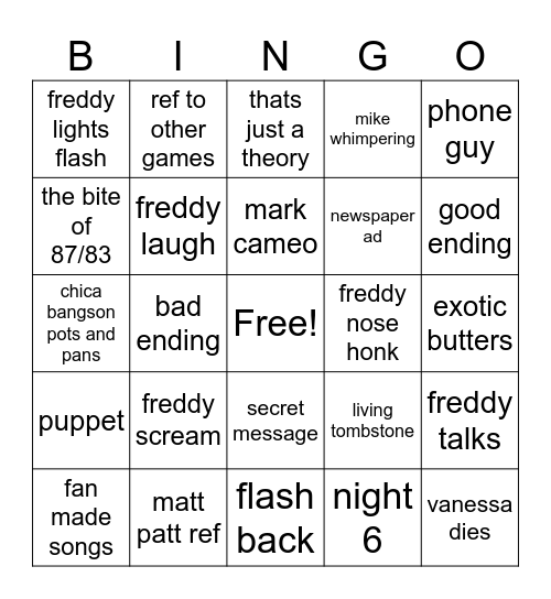 FNAF MOVIE Bingo Card