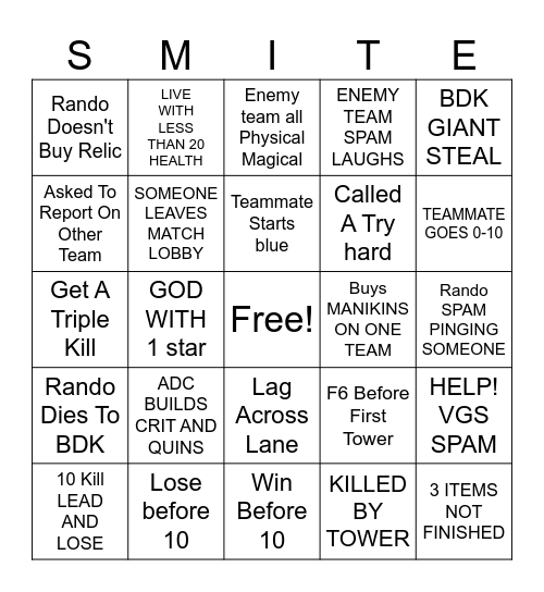 Smite Bingo Card