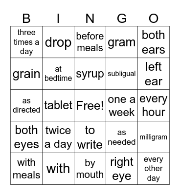 Pharmacy Sig Codes Bingo Card