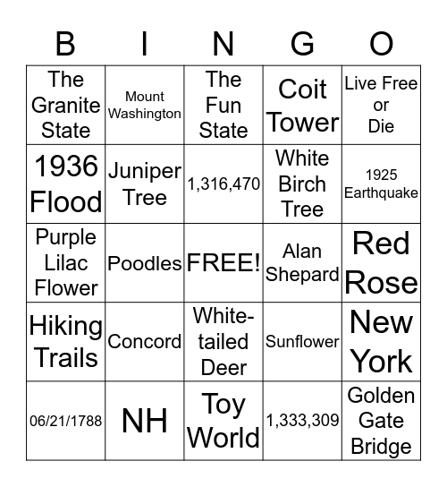 New Hampshire State Bingo!! Bingo Card