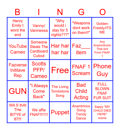 The FNAF Movie BINGO Card