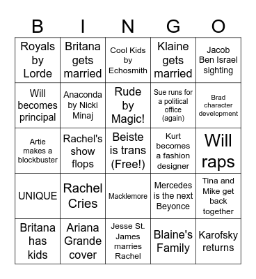 Glee Season 6 Bingo Card