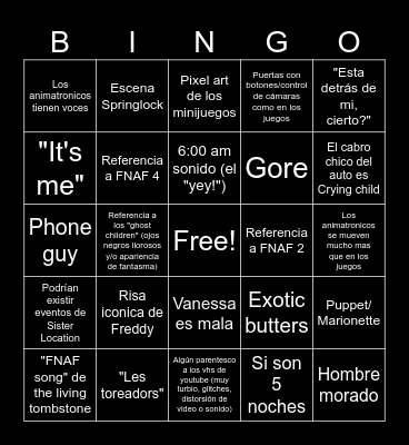 FNAF JAJA Bingo Card