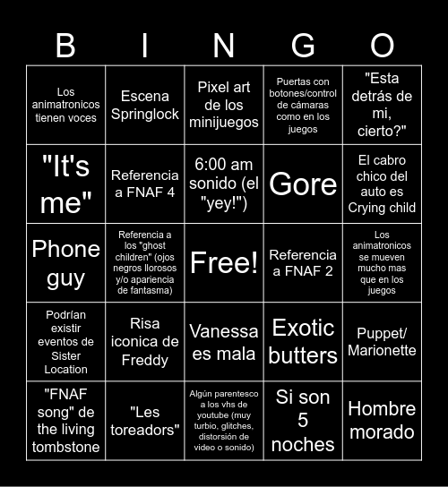 FNAF JAJA Bingo Card