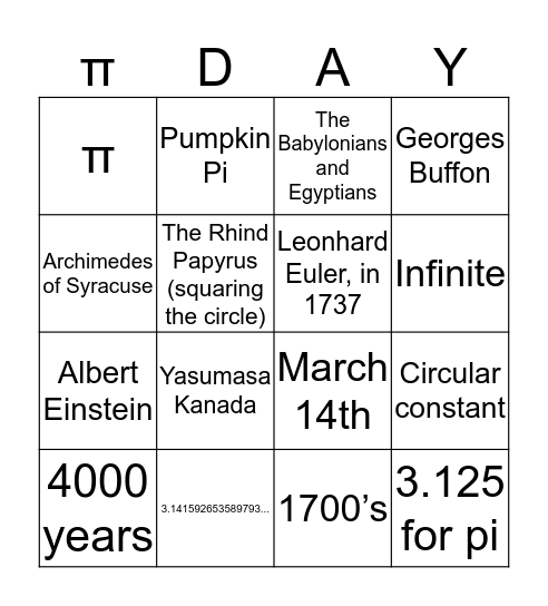 PI-DAY Bingo Card