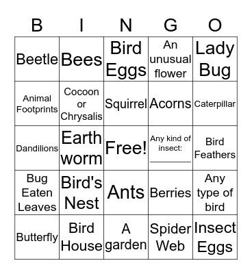 Nature Walk Bingo Card